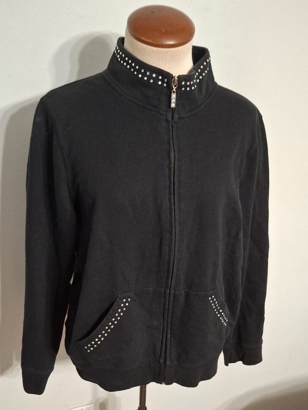 Onque Casuals Black Bling-Trim Zip Bomber Jacket- W Sz Large